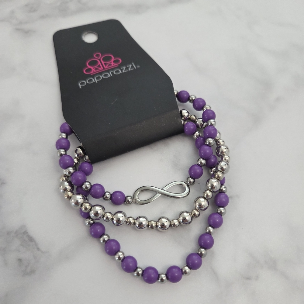 Papara​zzi Infinity Symbol Stretch Purple & Silver Beaded Stacking Bracelet - Picture 3 of 5